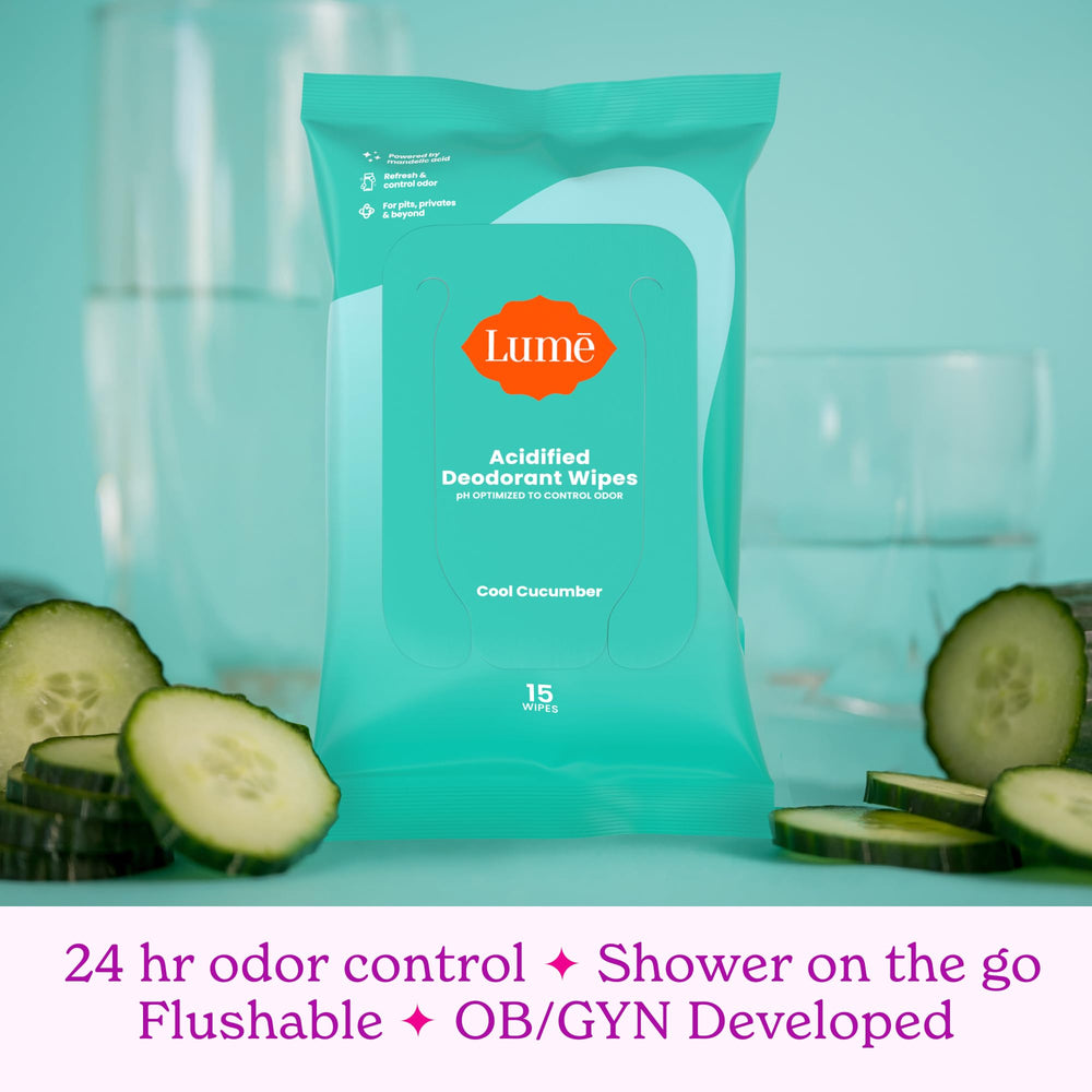 Lume Acidified Deodorant Wipes aluminum-free design safeguards gentle use.