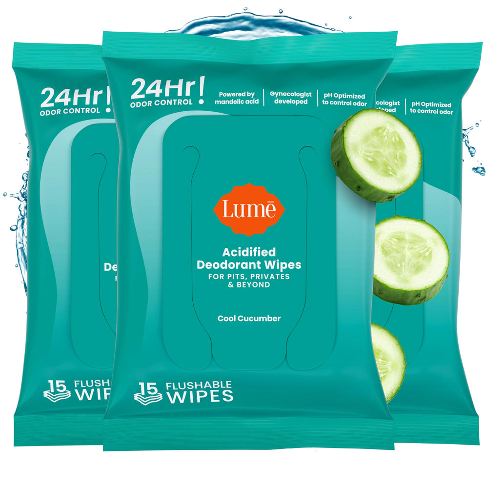 Lume Acidified Deodorant Wipes pack offers 24-hour odor control on the go.