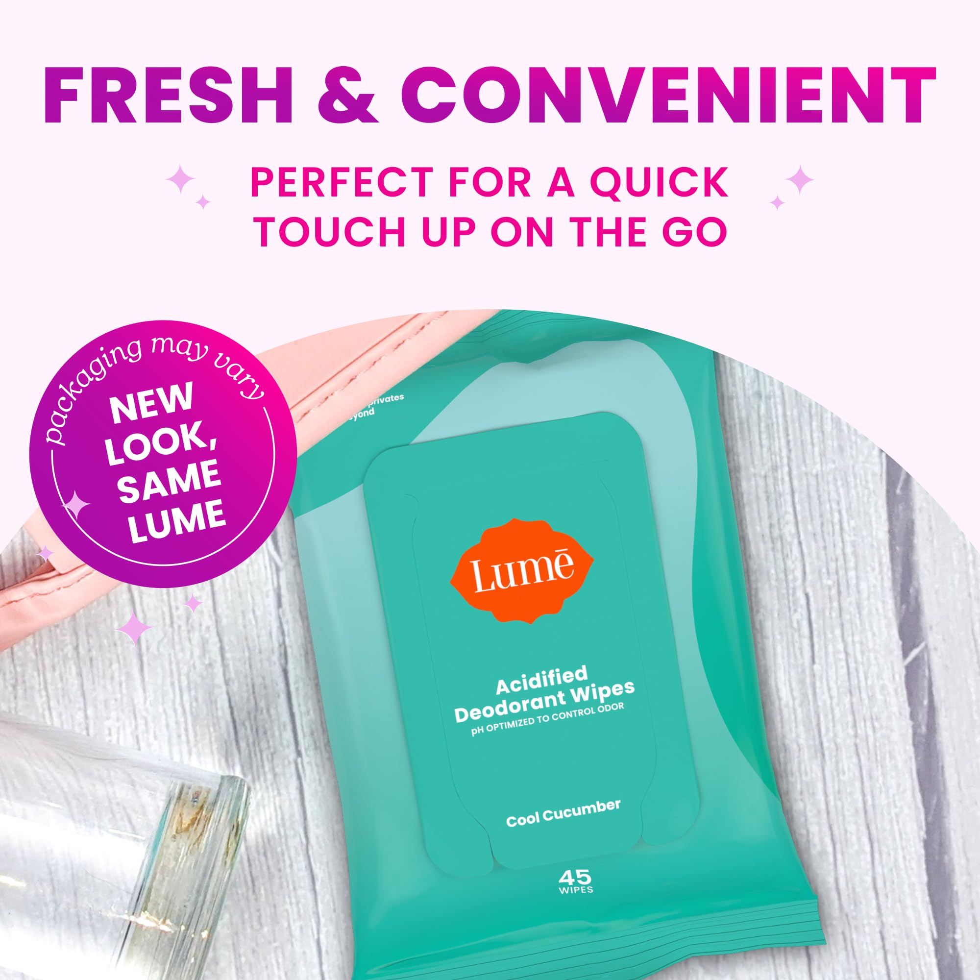 Lume Acidified Deodorant Wipes packaging highlights eco-friendly design.