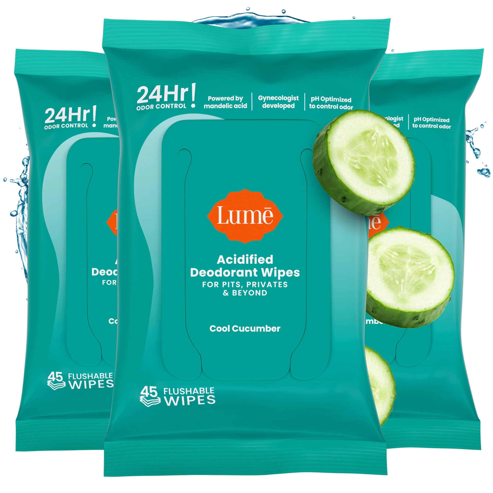 Lume Acidified Deodorant Wipes three-pack front view for on-the-go odor control.