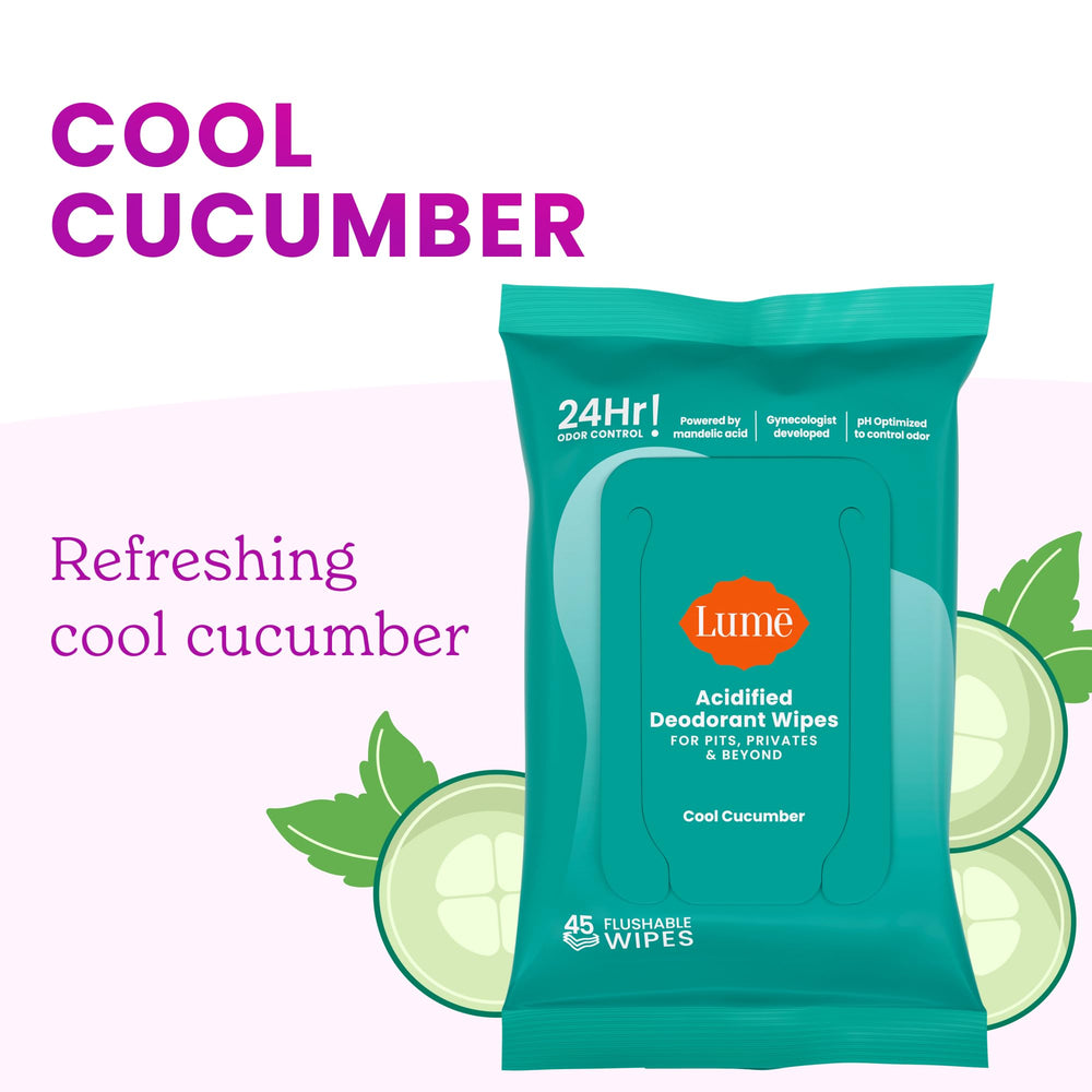 Lume Acidified Deodorant Wipes underboob area for discreet freshening.