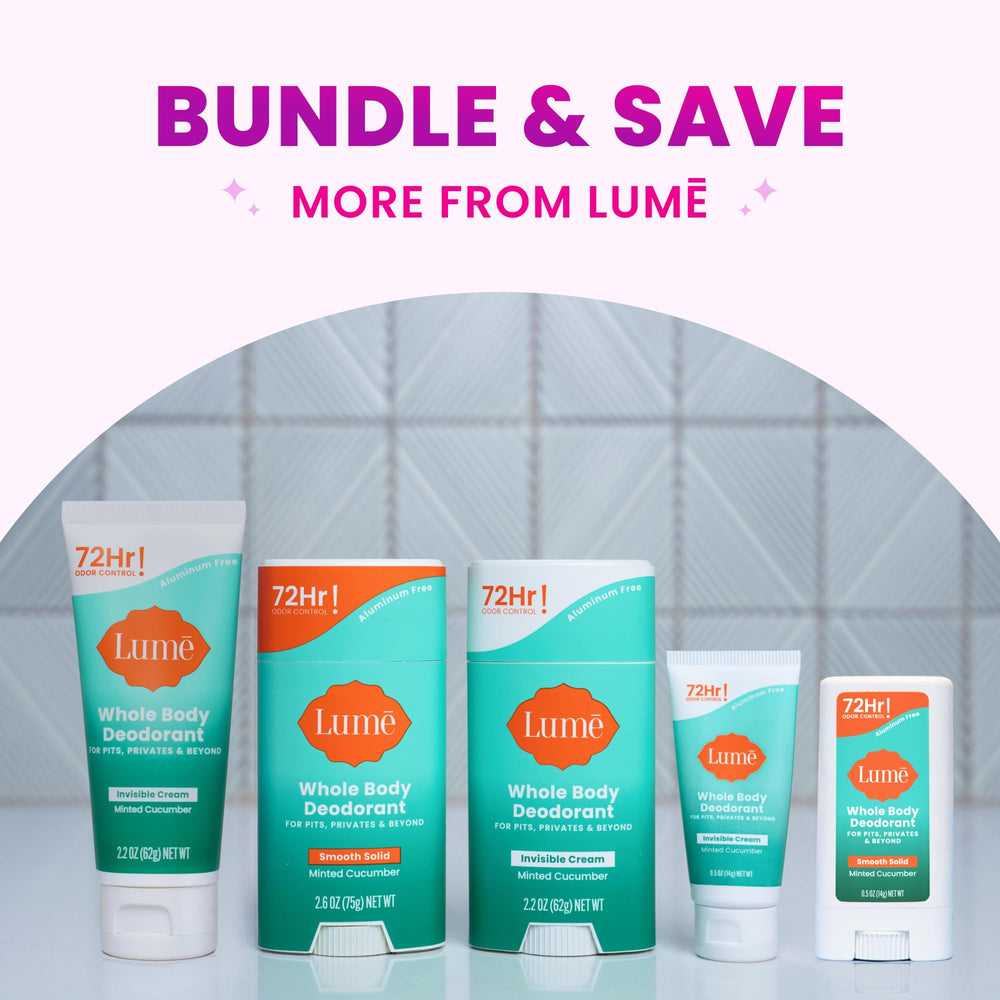 Lume Invisible Spray bottle with clear spray on skin for quick refresh.