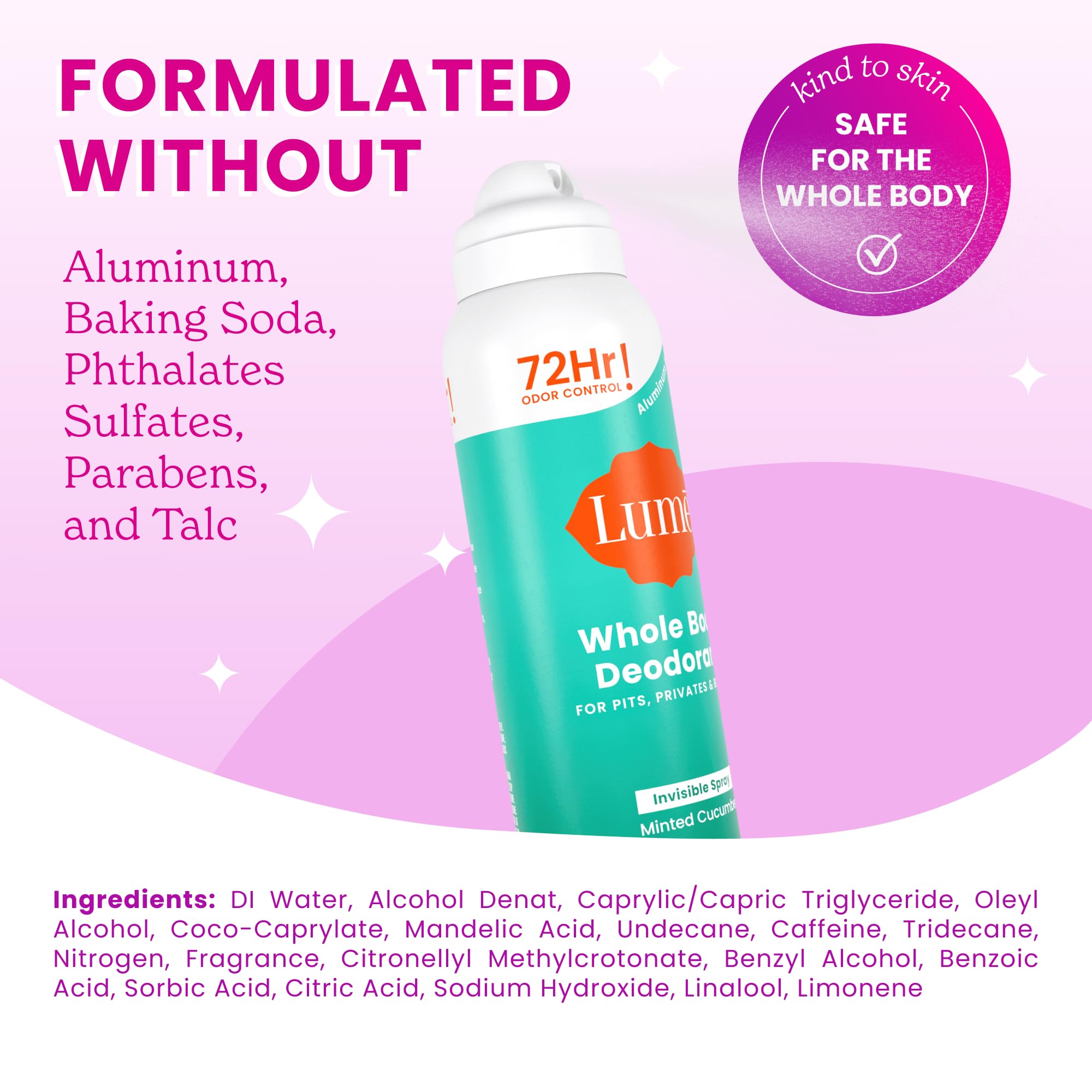 Lume Invisible Spray label close-up shows aluminum- and baking soda-free formula.