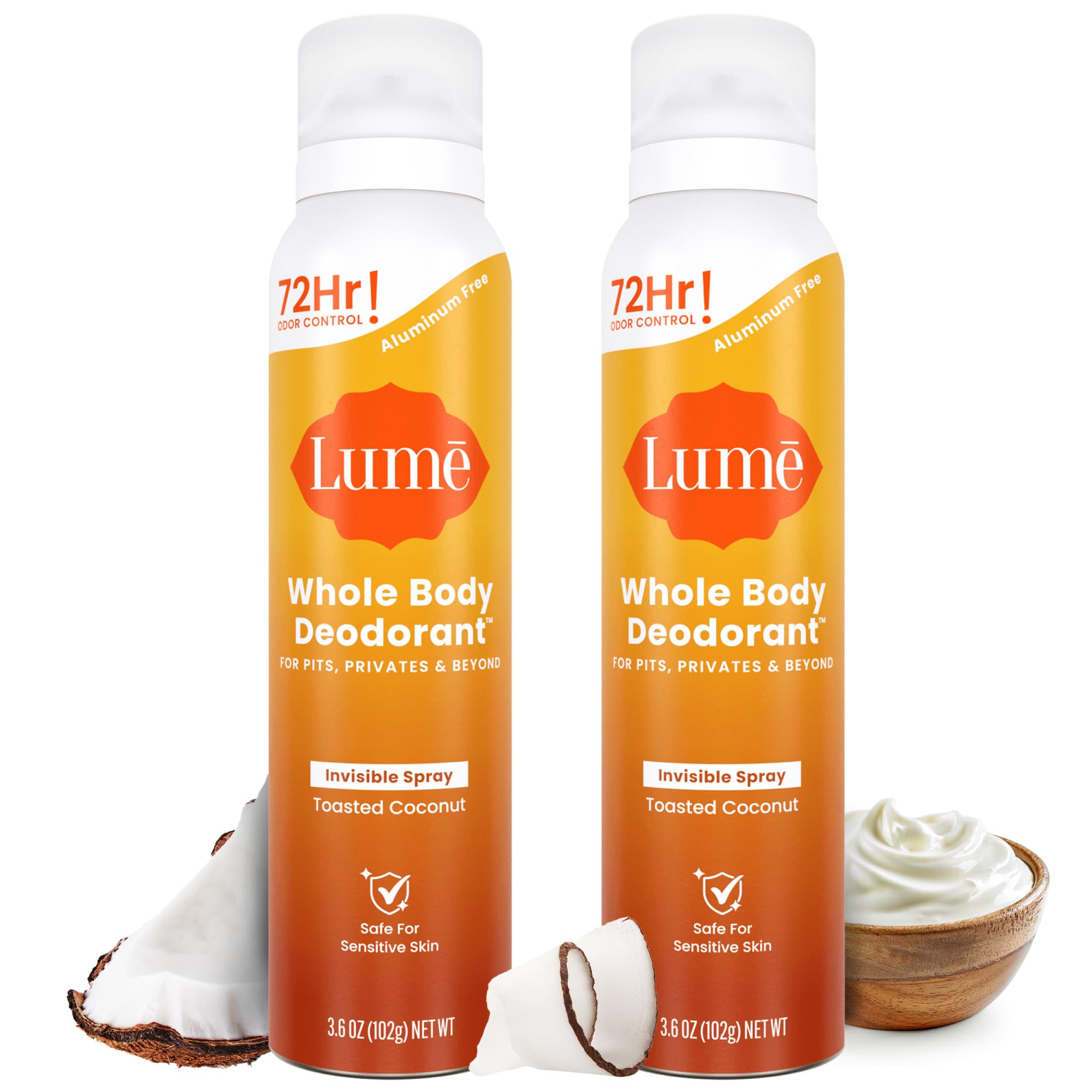 Lume Toasted Coconut bottle front for skin-friendly odor control.