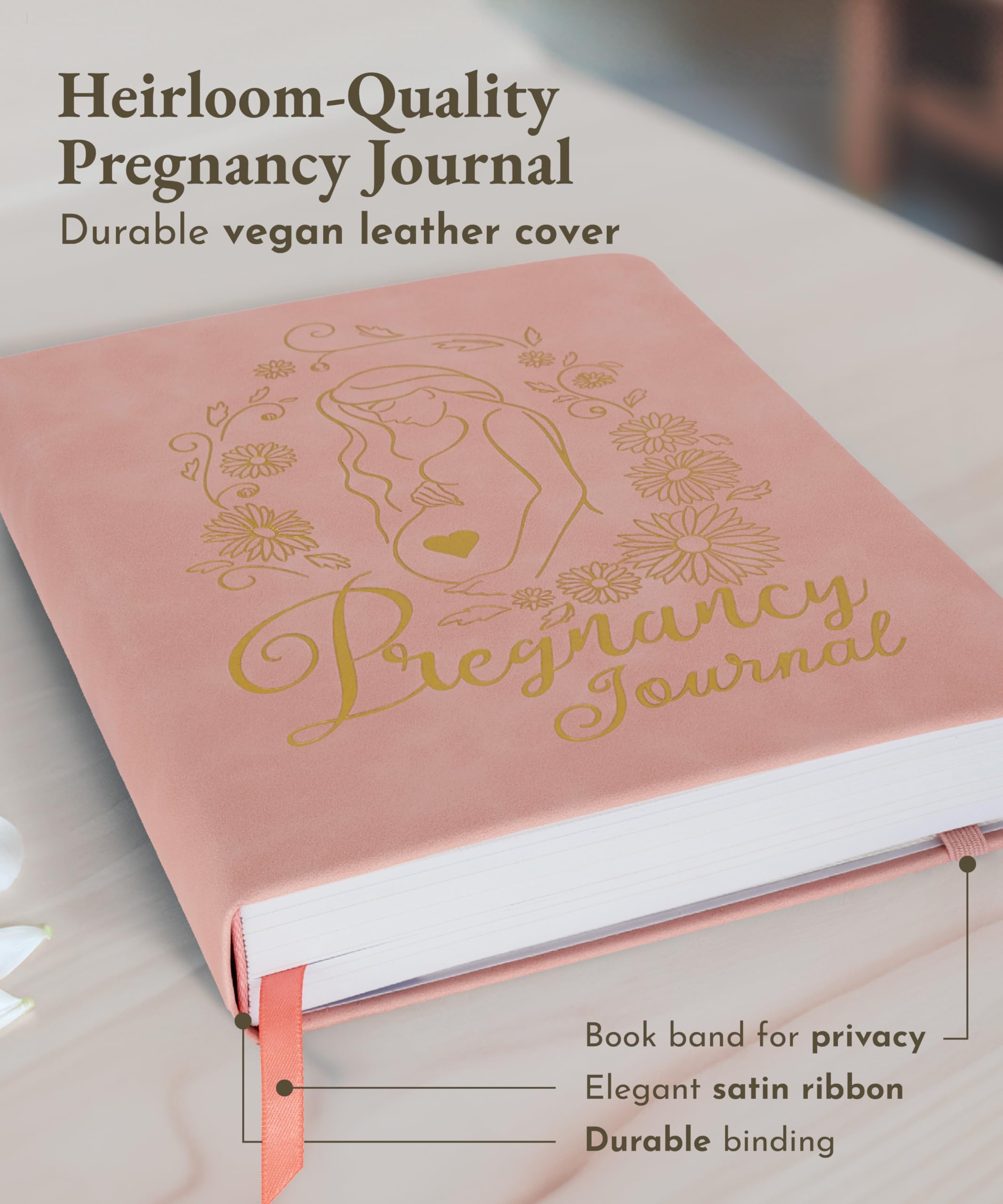 Luminate Press Keepsake Pregnancy Journal open pages show weekly prompts guiding moments.