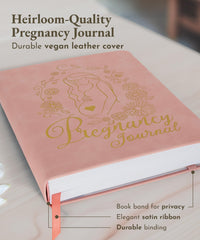 Luminate Press Keepsake Pregnancy Journal open pages show weekly prompts guiding moments.
