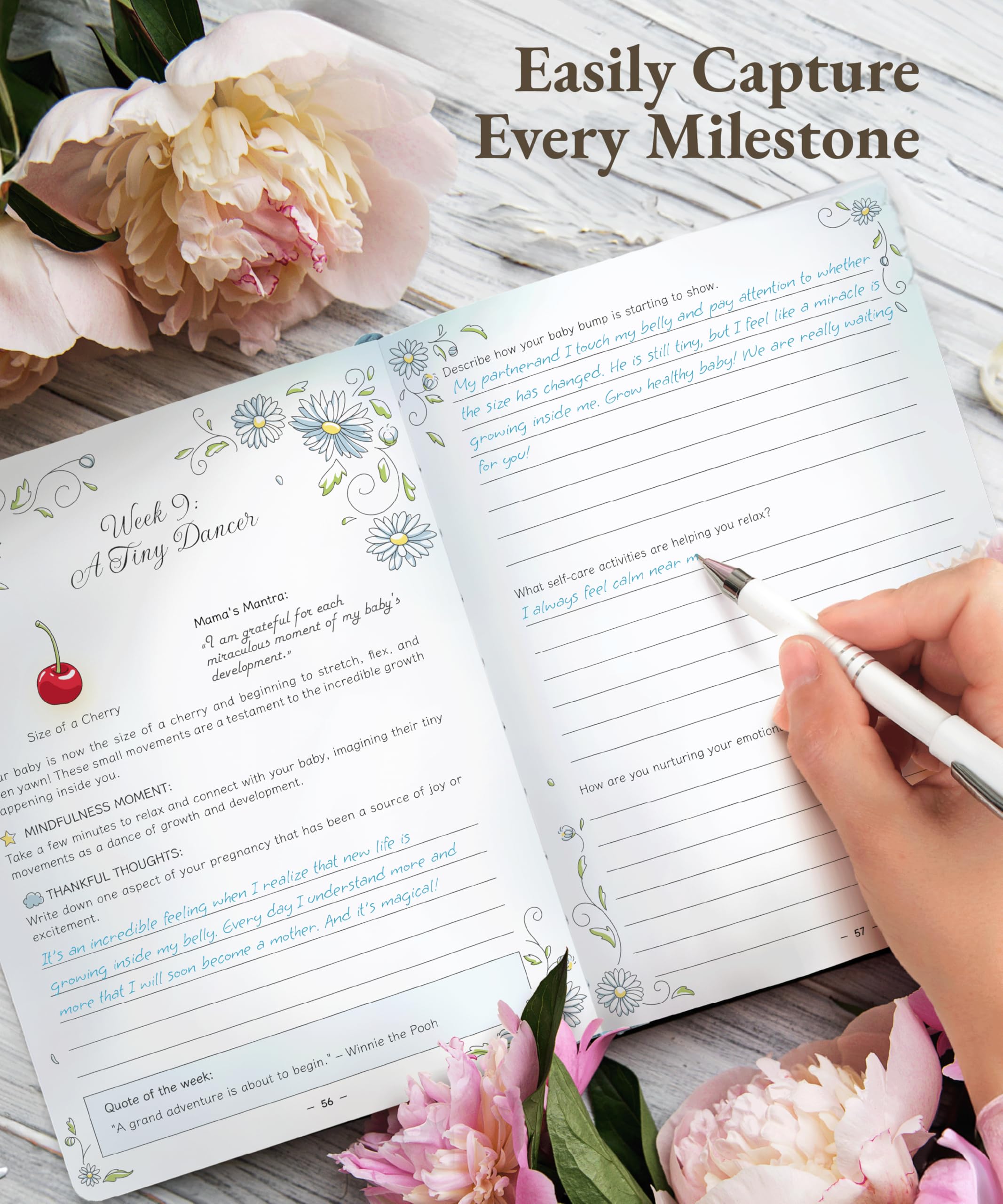 Luminate Press Keepsake Pregnancy Journal milestone pages for ultrasound spots and memories.