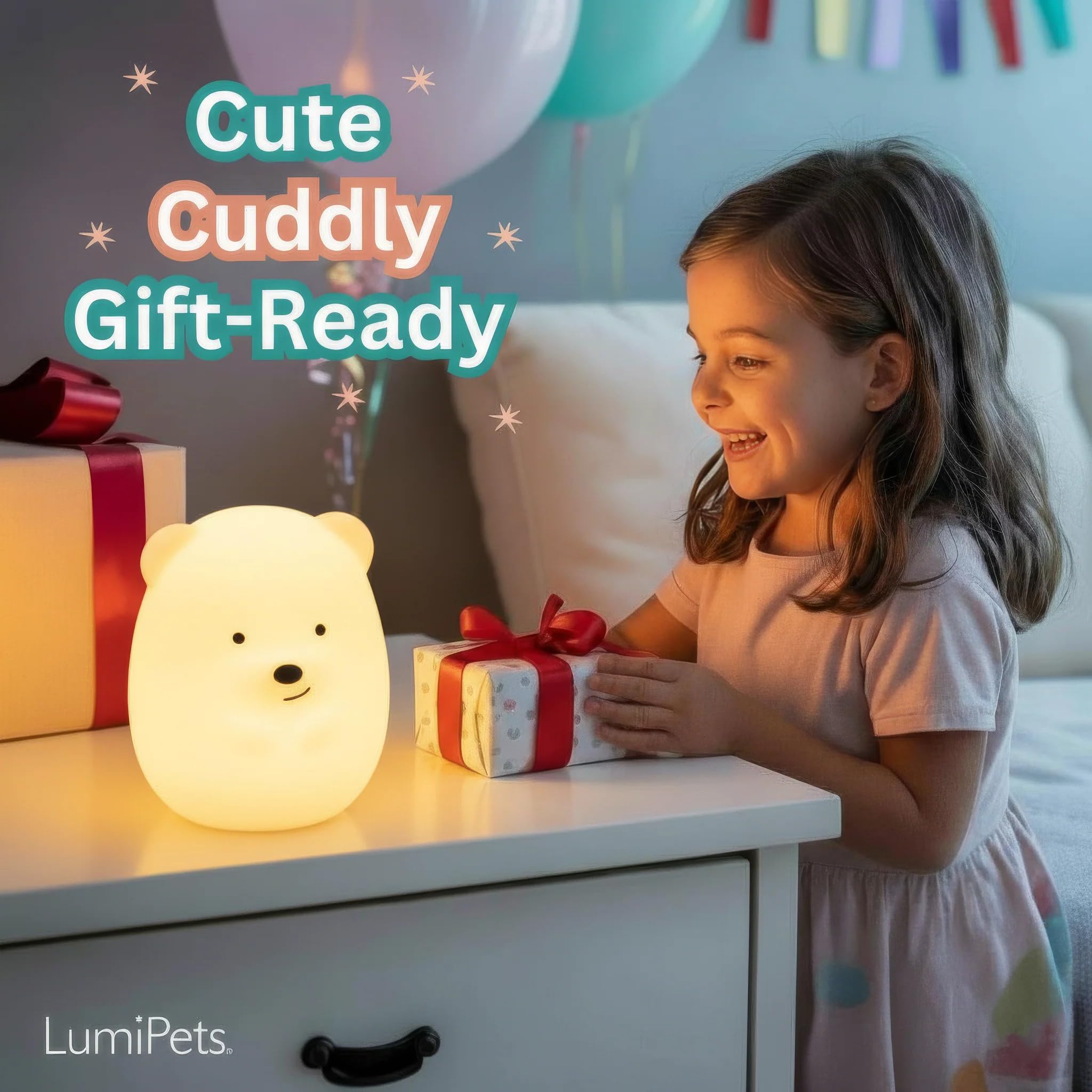Lumipets Benny Bear night light tap control demonstrates color change.