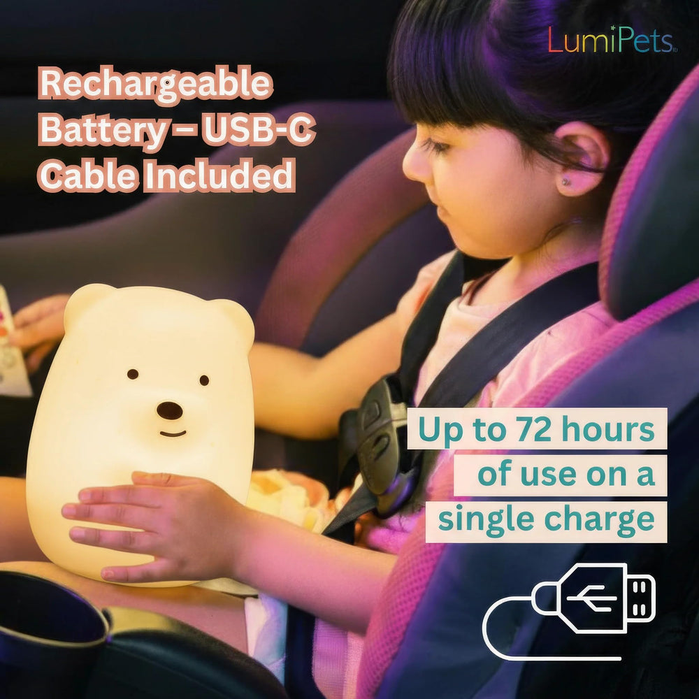 Lumipets Benny Bear bedside nightstand glow during evenings.