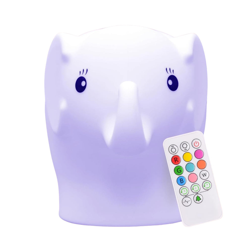 Lumipets Eggbert elephant night light glows softly on a kid's nightstand