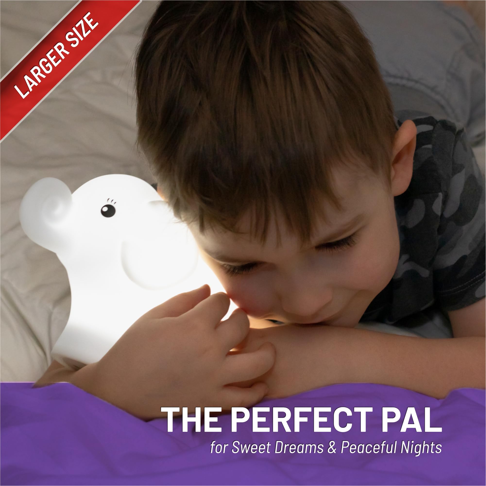 Eggbert elephant night light tap-to-change-color feature shown