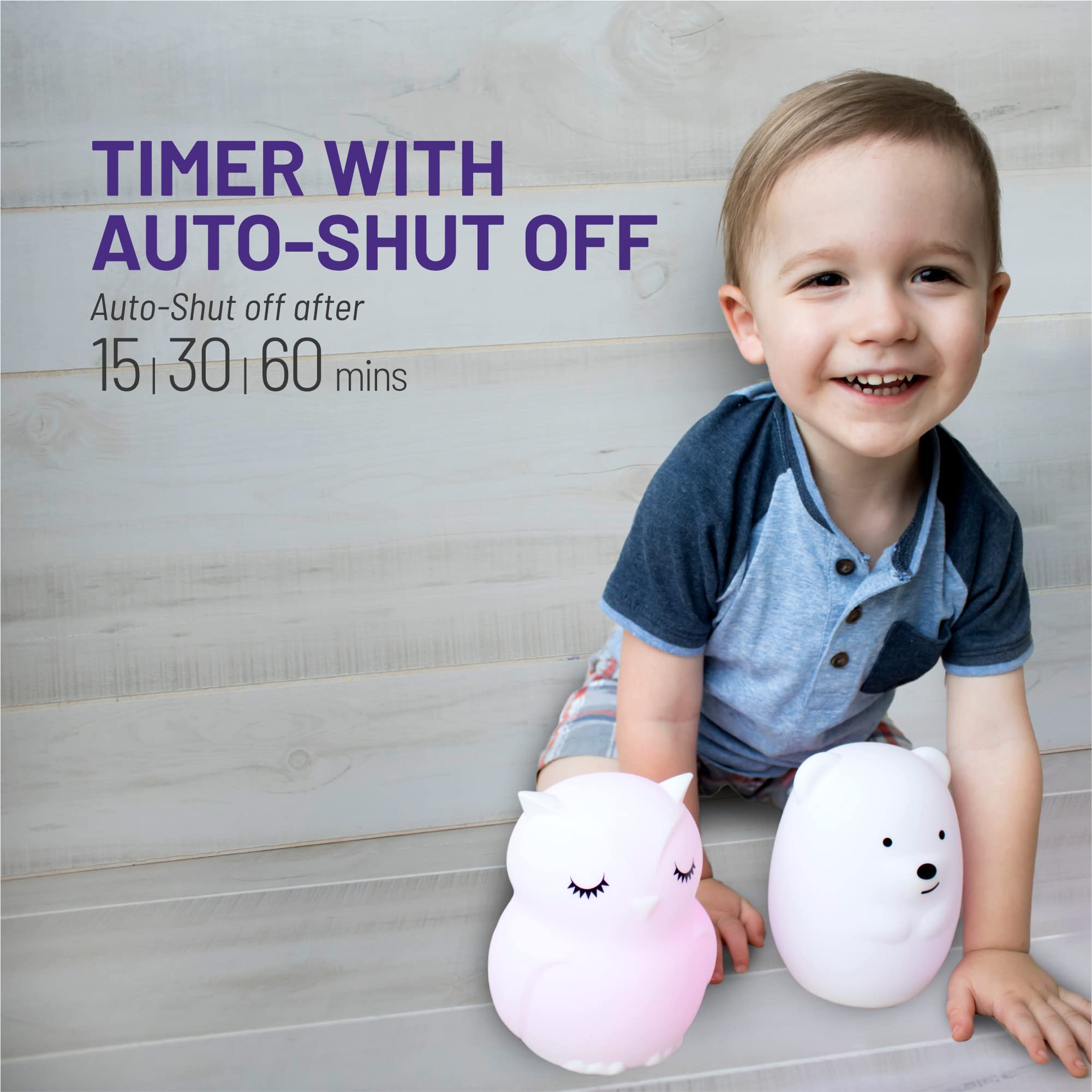 Auto-shutoff timer options of 15, 30, 60 minutes.