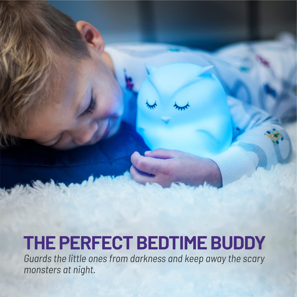 Squishy silicone night light stands up to little hands.