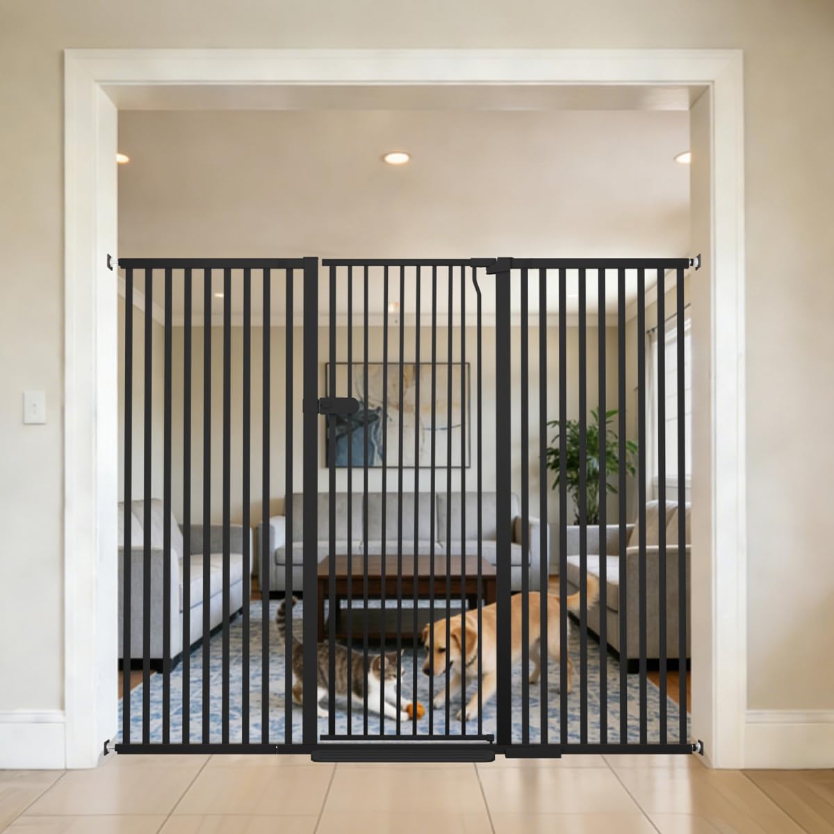Lumizone cat gate showing 55-12-inch height to keep cats contained.