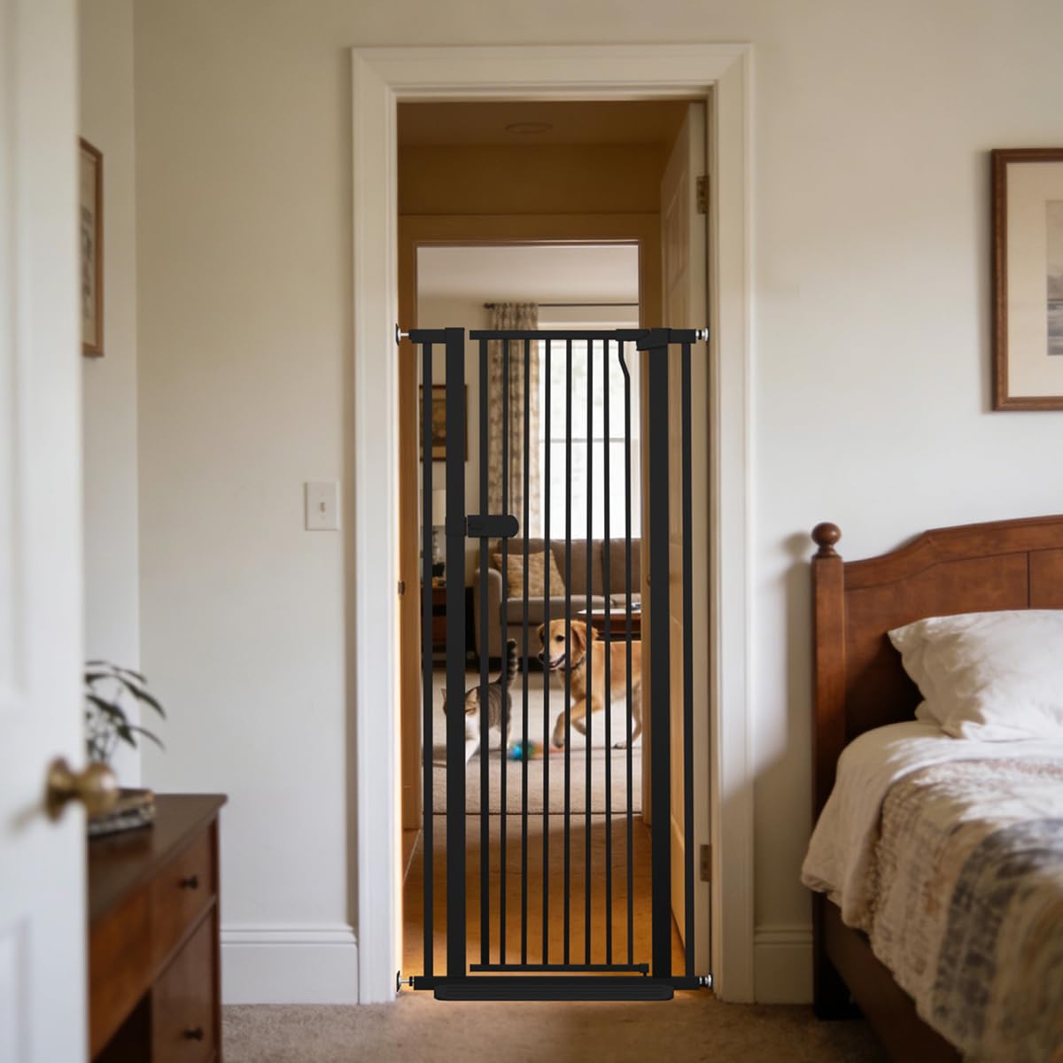 Lumizone extra tall gate closed showing 55.12-inch height for escape prevention