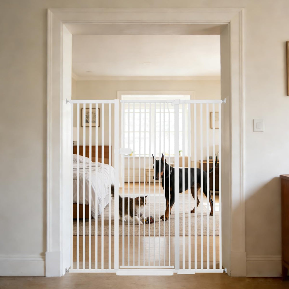 Lumizone extra tall cat gate in doorway blocks escape with 55.12-inch height.