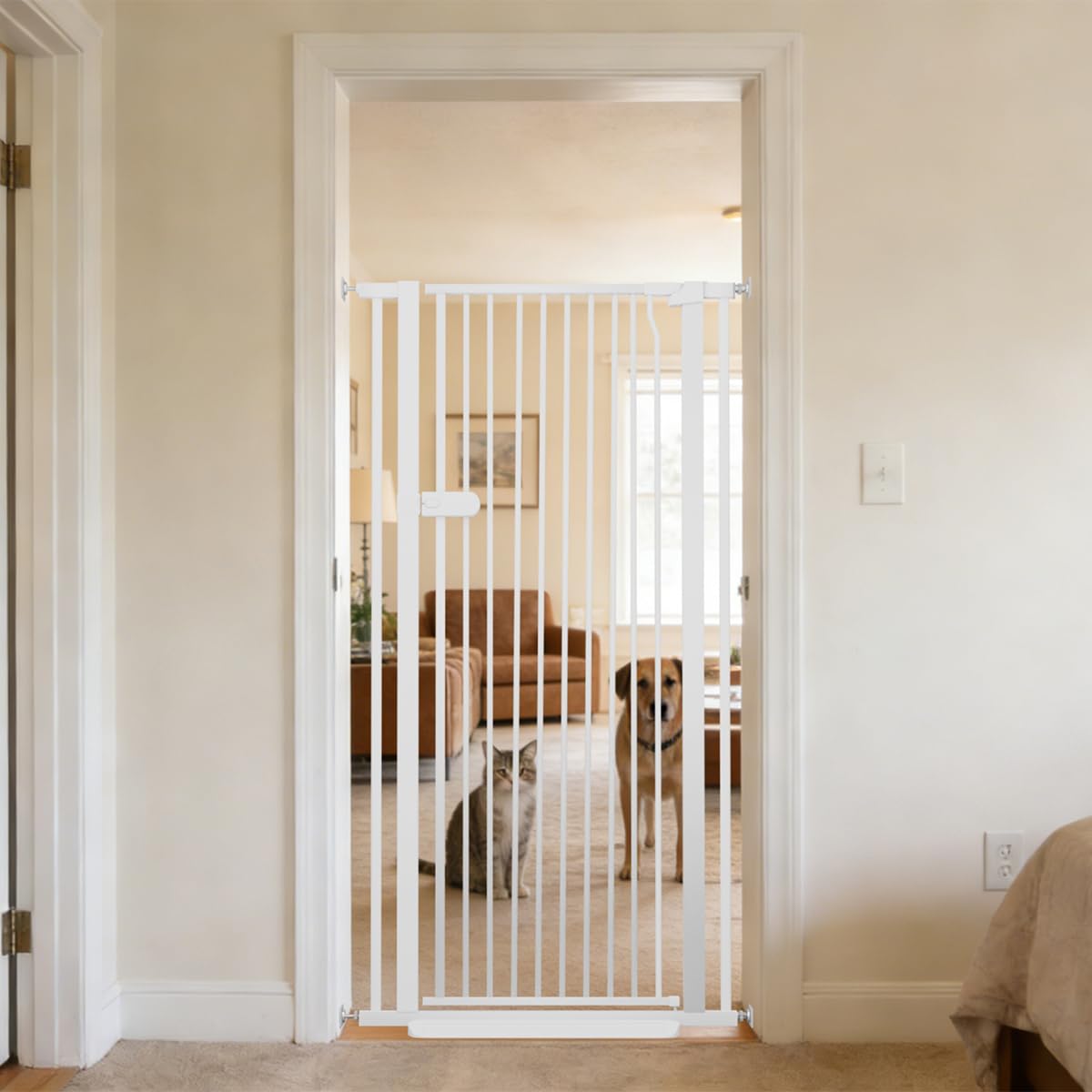 Lumizone Extra Tall Cat Gate front view showing 55.12-inch height for containment.