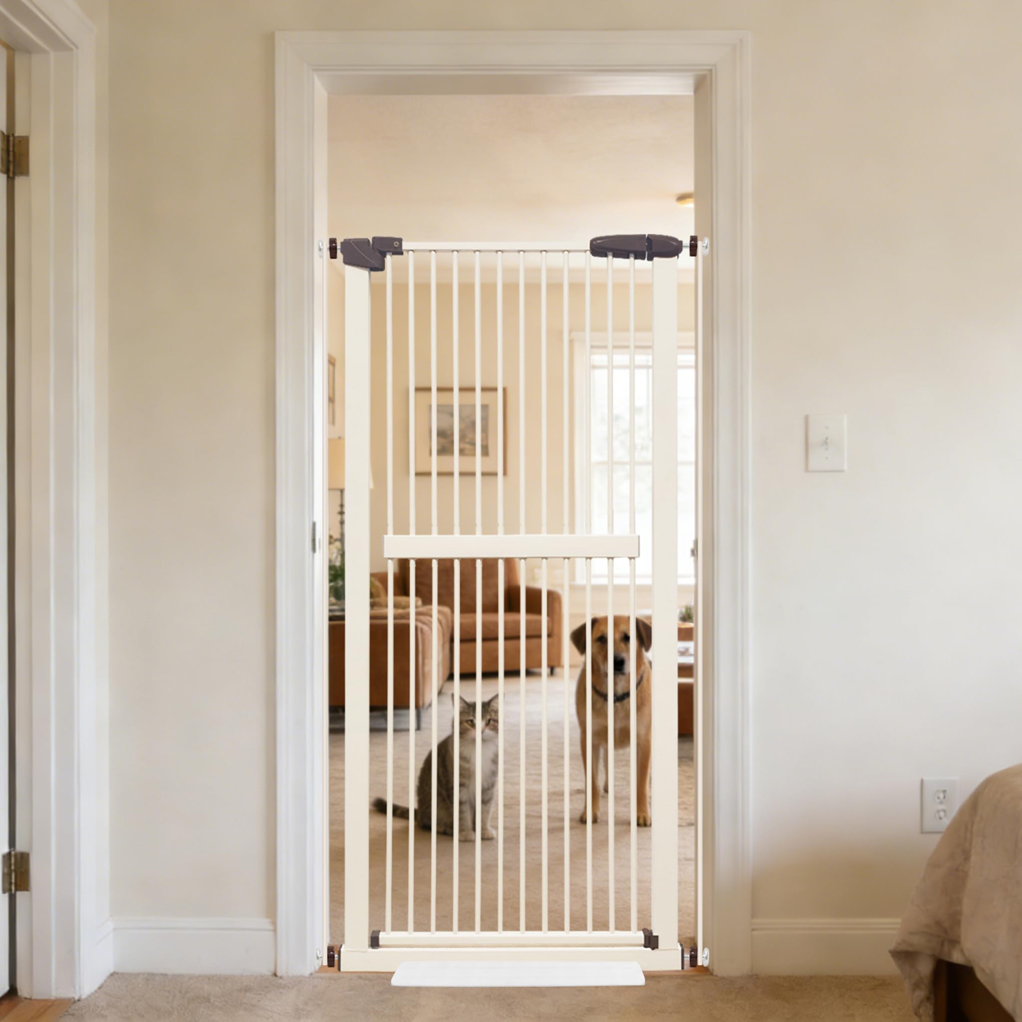 Lumizone Extra Tall Cat Gate in cream blocks escapes tall barrier for pets