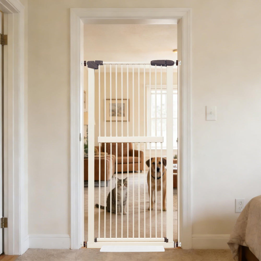 Lumizone Extra Tall Cat Gate in cream blocks escapes tall barrier for pets