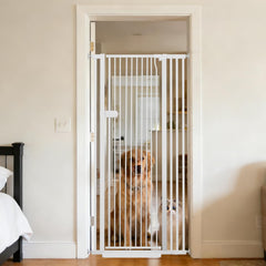 Lumizone extra tall cat gate blocks jumps, 61.02 inches high, ideal containment.