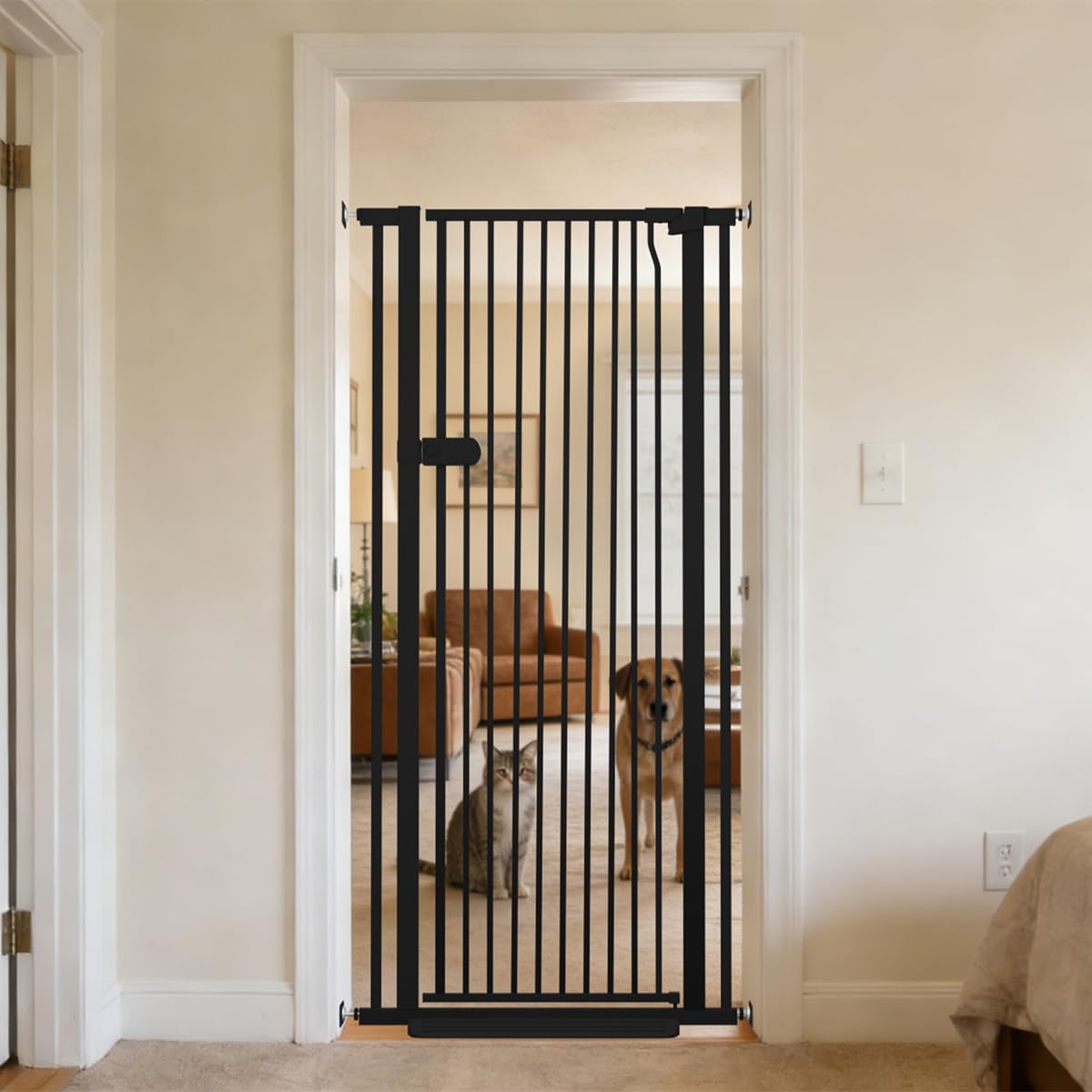 Lumizone Extra Tall Cat Gate stands 61.02 inches to keep cats contained.
