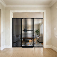 Lumizone extra tall cat gate in doorway containing adventurous pets