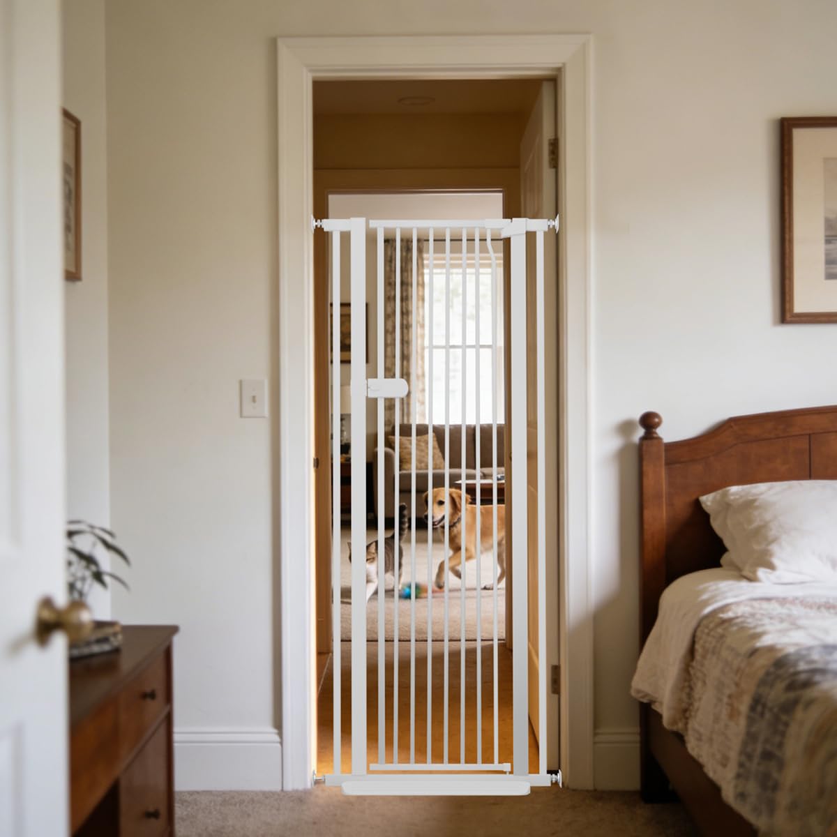 Lumizone extra tall cat gate shows 61.02-inch height blocking jumping indoors