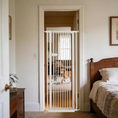 Lumizone extra tall cat gate shows 61.02-inch height blocking jumping indoors