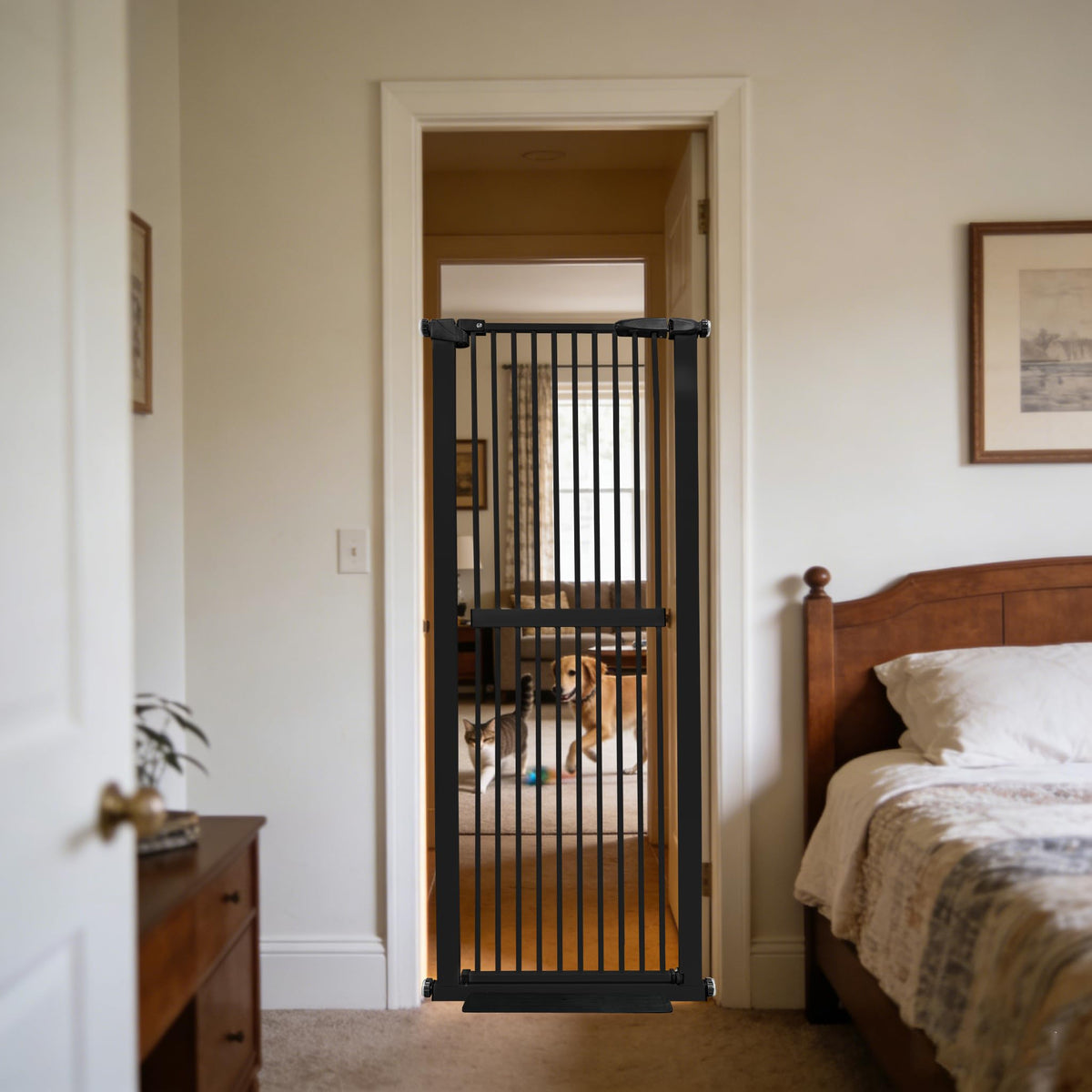 Lumizone Extra Tall Cat Gate stands 61.02 inches high to deter jumping.