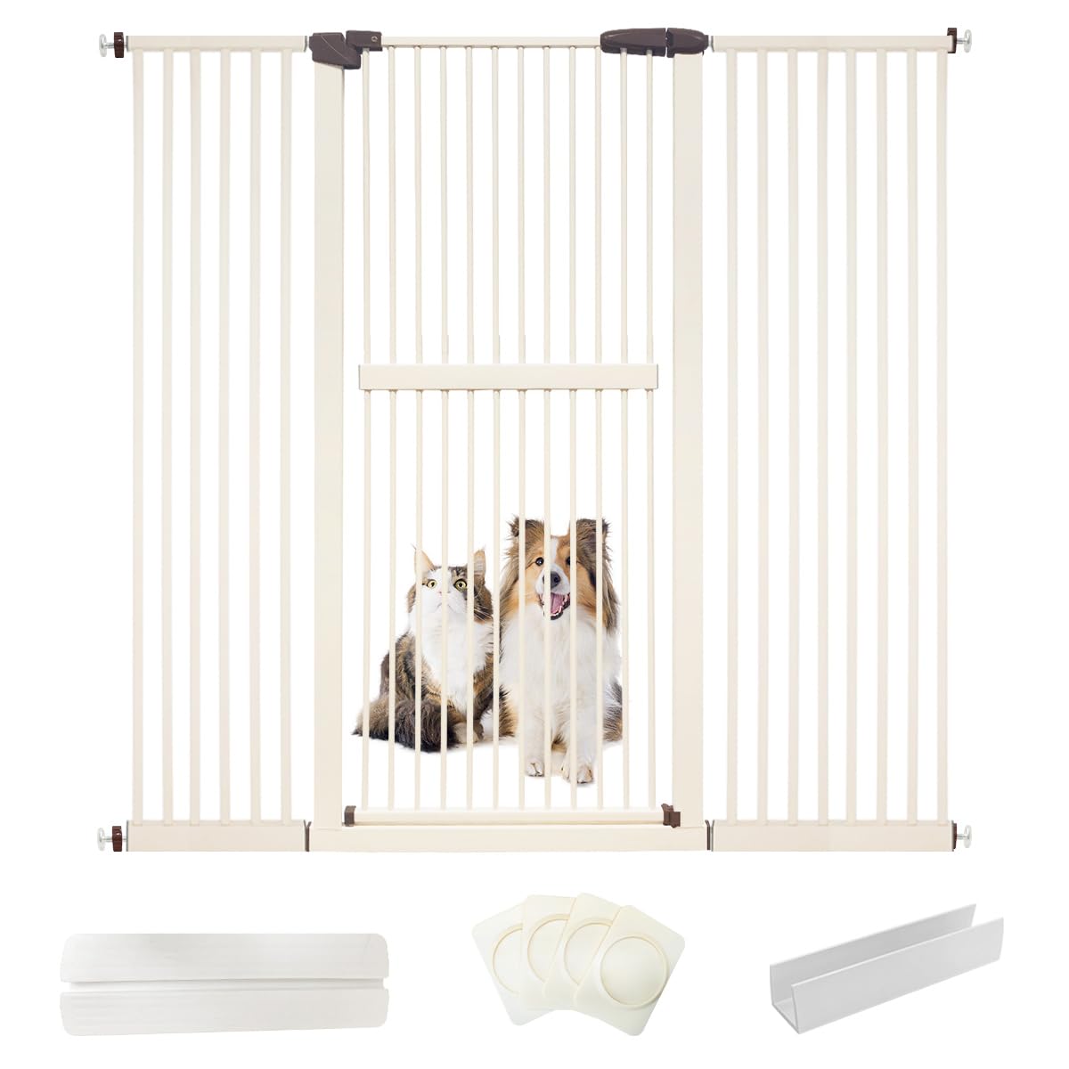 Lumizone extra tall cat gate blocks jumping in a doorway with cream finish.