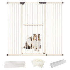 Lumizone extra tall cat gate blocks jumping in a doorway with cream finish.
