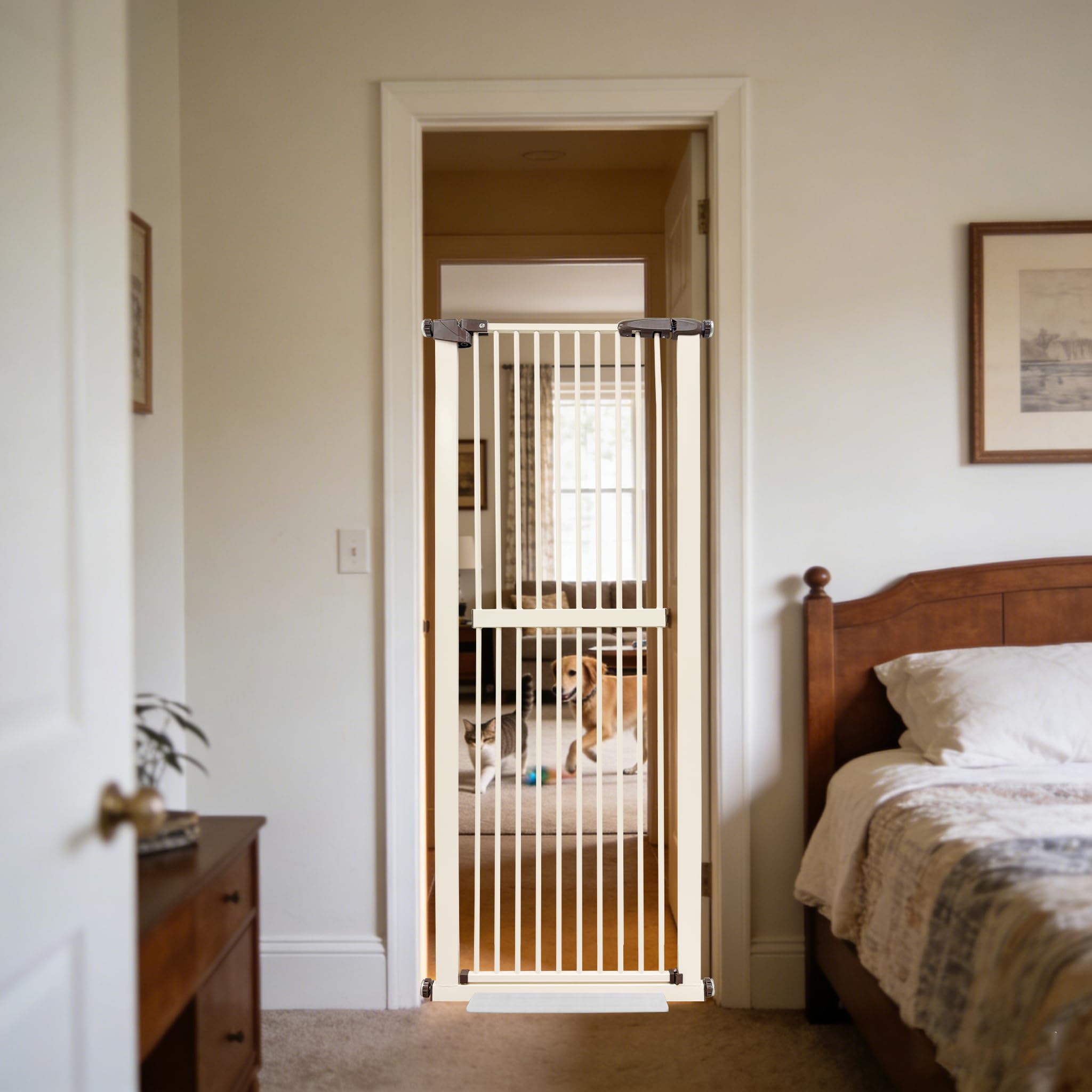 Lumizone extra tall cat gate in cream helps prevent jumping and escapes