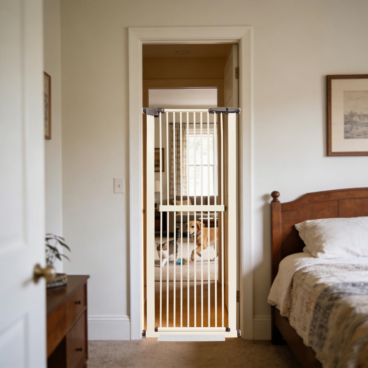 Lumizone extra tall cat gate in cream helps prevent jumping and escapes