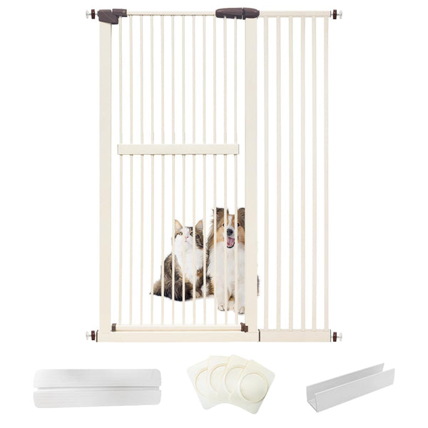 Lumizone extra tall cat gate cream installed in a doorway to deter climbing