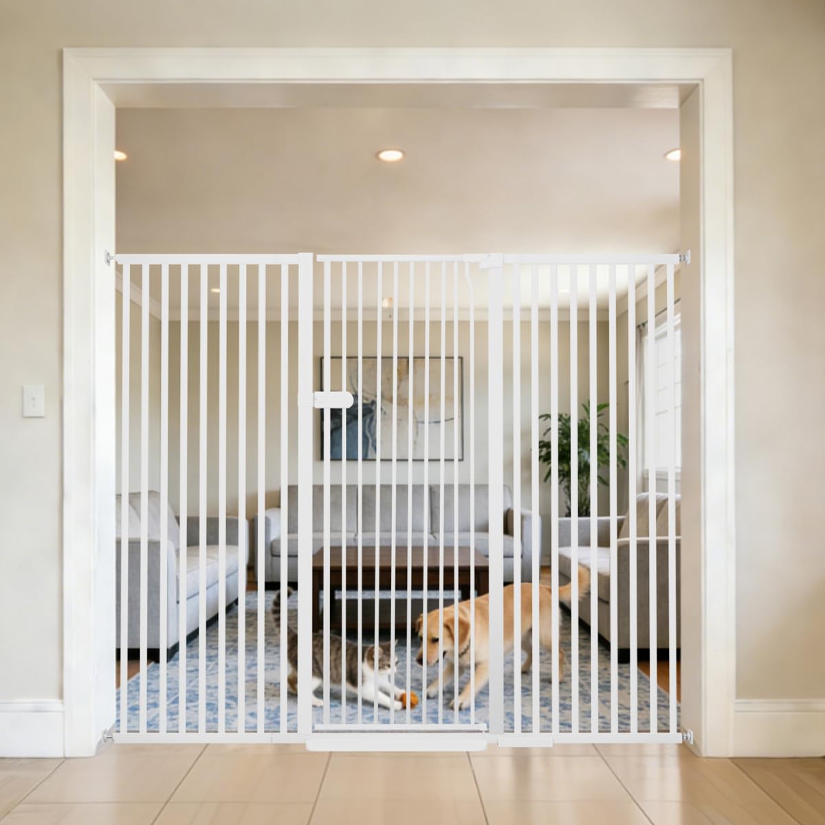 Lumizone extra tall cat gate blocks cat escape in doorway.