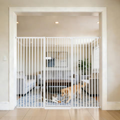 Lumizone extra tall cat gate blocks cat escape in doorway.