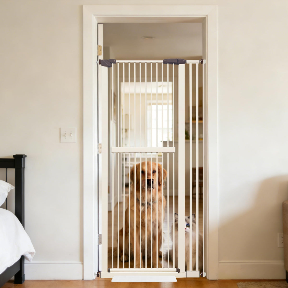 Lumizone extra tall cat gate in doorway blocks jumping and keeps pets secure