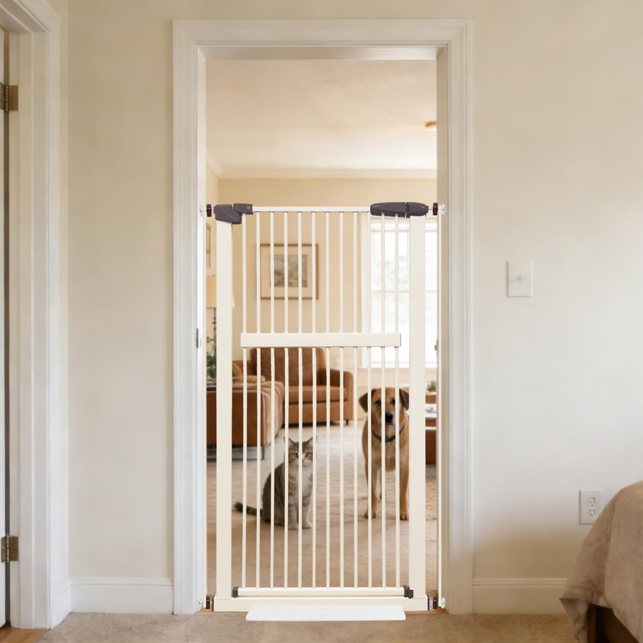 Lumizone Extra Tall Pet Gate in cream white keeps active cats safely contained.
