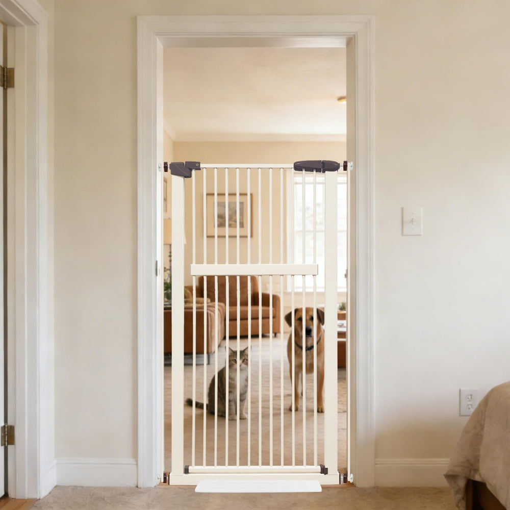 Lumizone Extra Tall Pet Gate in cream white keeps active cats safely contained.