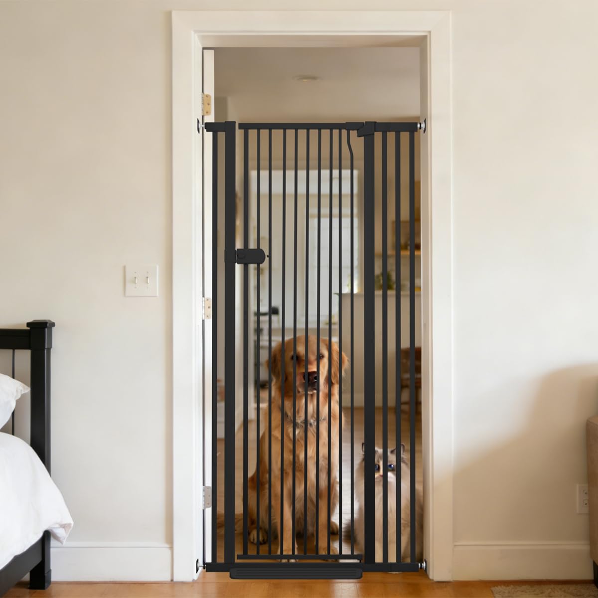 Lumizone extratall cat gate at 61.02 inches height keeps pets contained without drilling.
