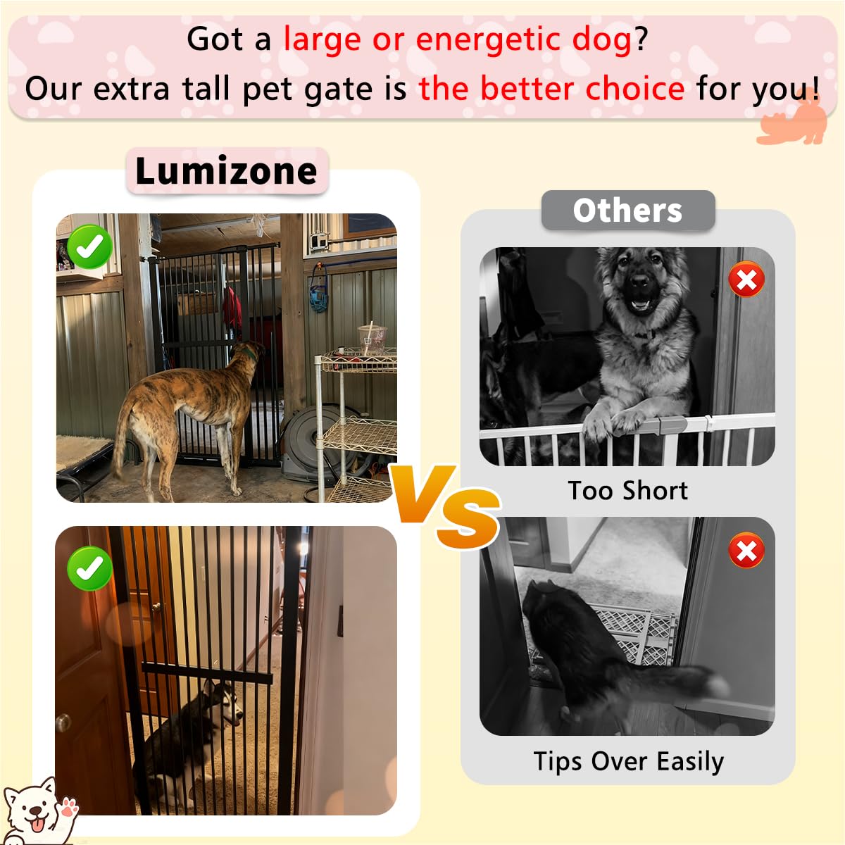 Lumizone gate 1.37-inch gap prevents squeezing by small pets.