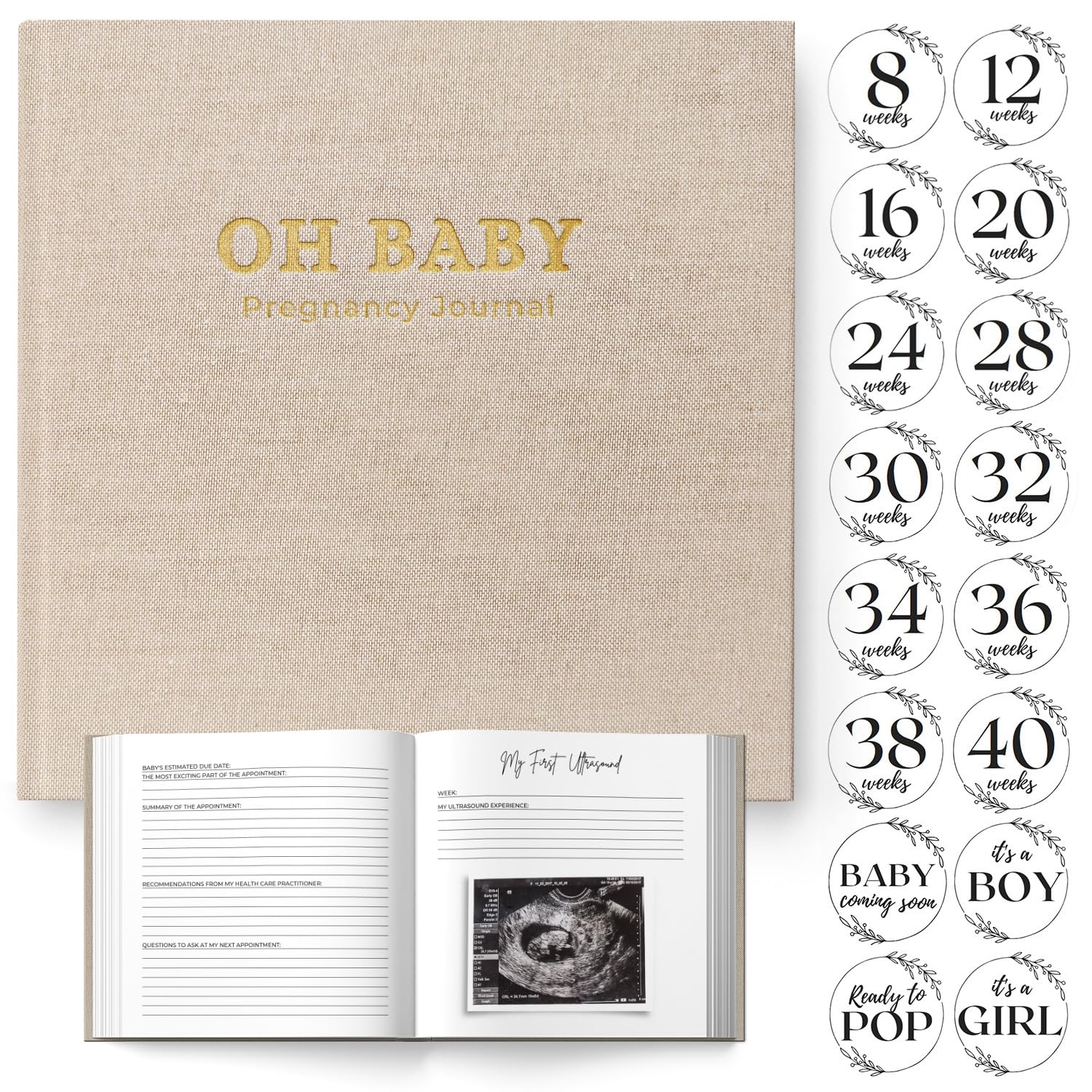 LUMOSX Pregnancy Journal cover in linen with gold foil, a stylish keepsake for memories