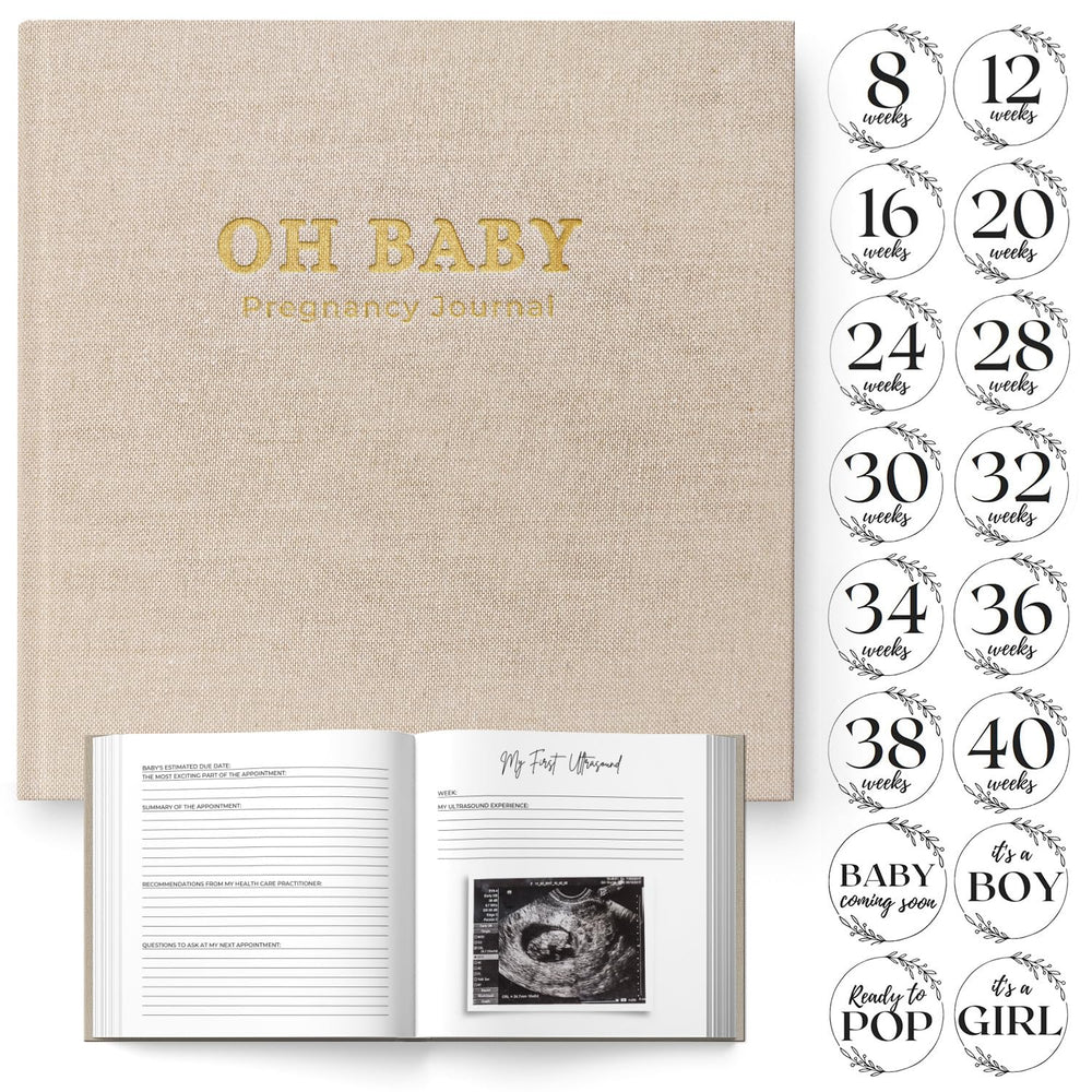 LUMOSX Pregnancy Journal cover in linen with gold foil, a stylish keepsake for memories