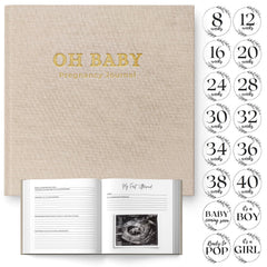 LUMOSX Pregnancy Journal cover in linen with gold foil, a stylish keepsake for memories