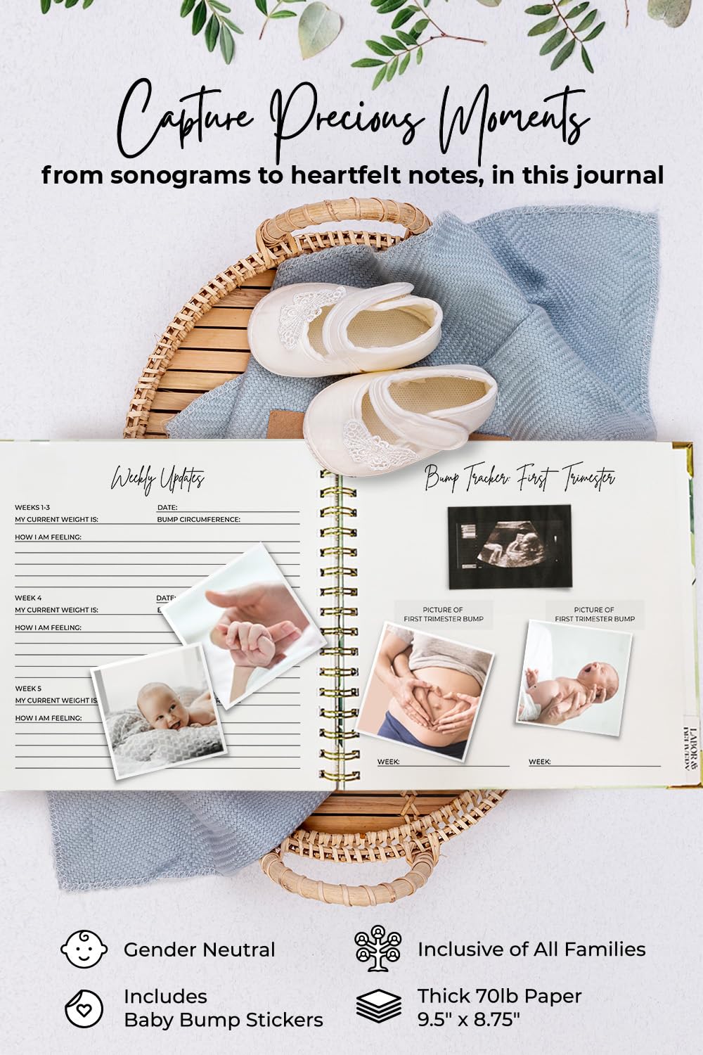 LUMOSX Pregnancy Journal interior spread highlights guided milestone prompts for first-time parents.