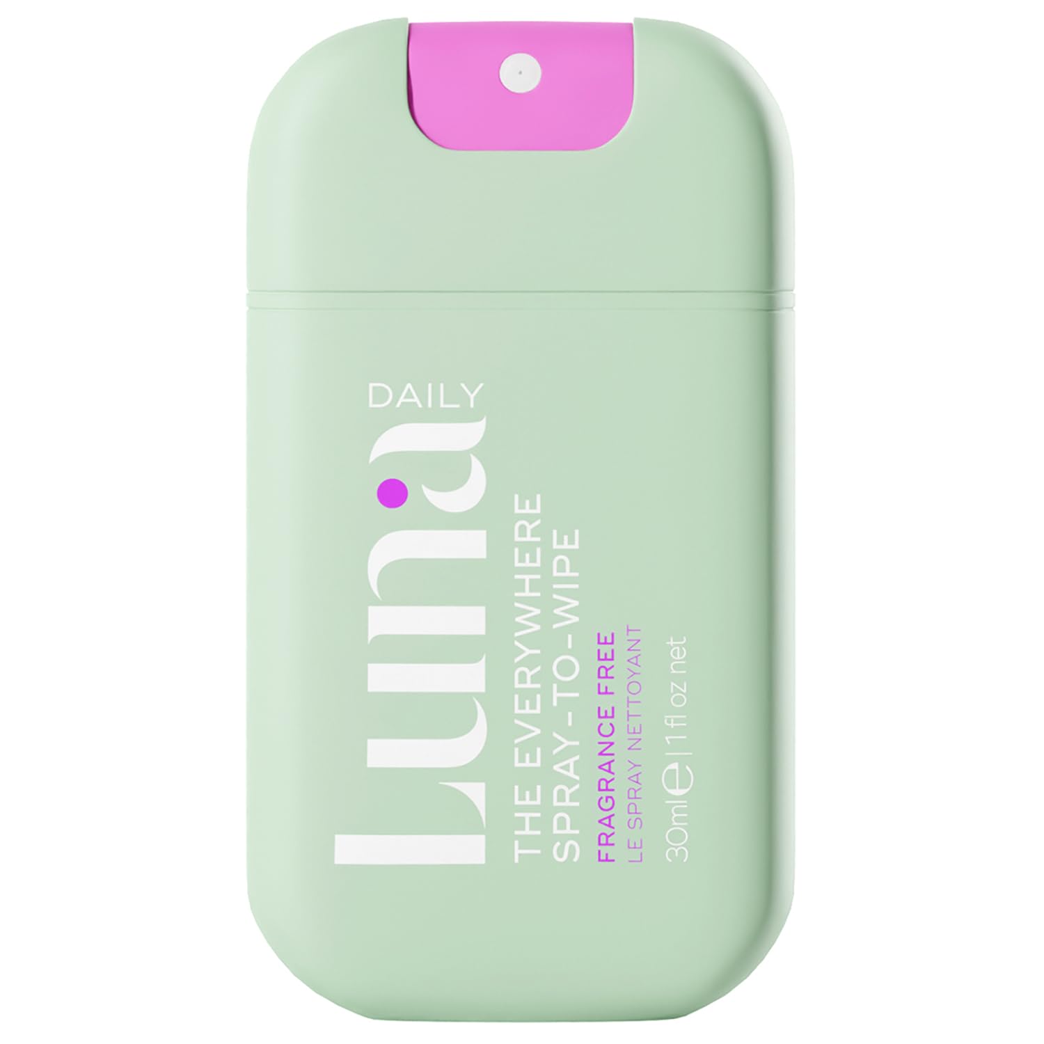 Luna Daily Body Cleansing Spray bottle closeup; gentle, pH-balanced formula for all skin