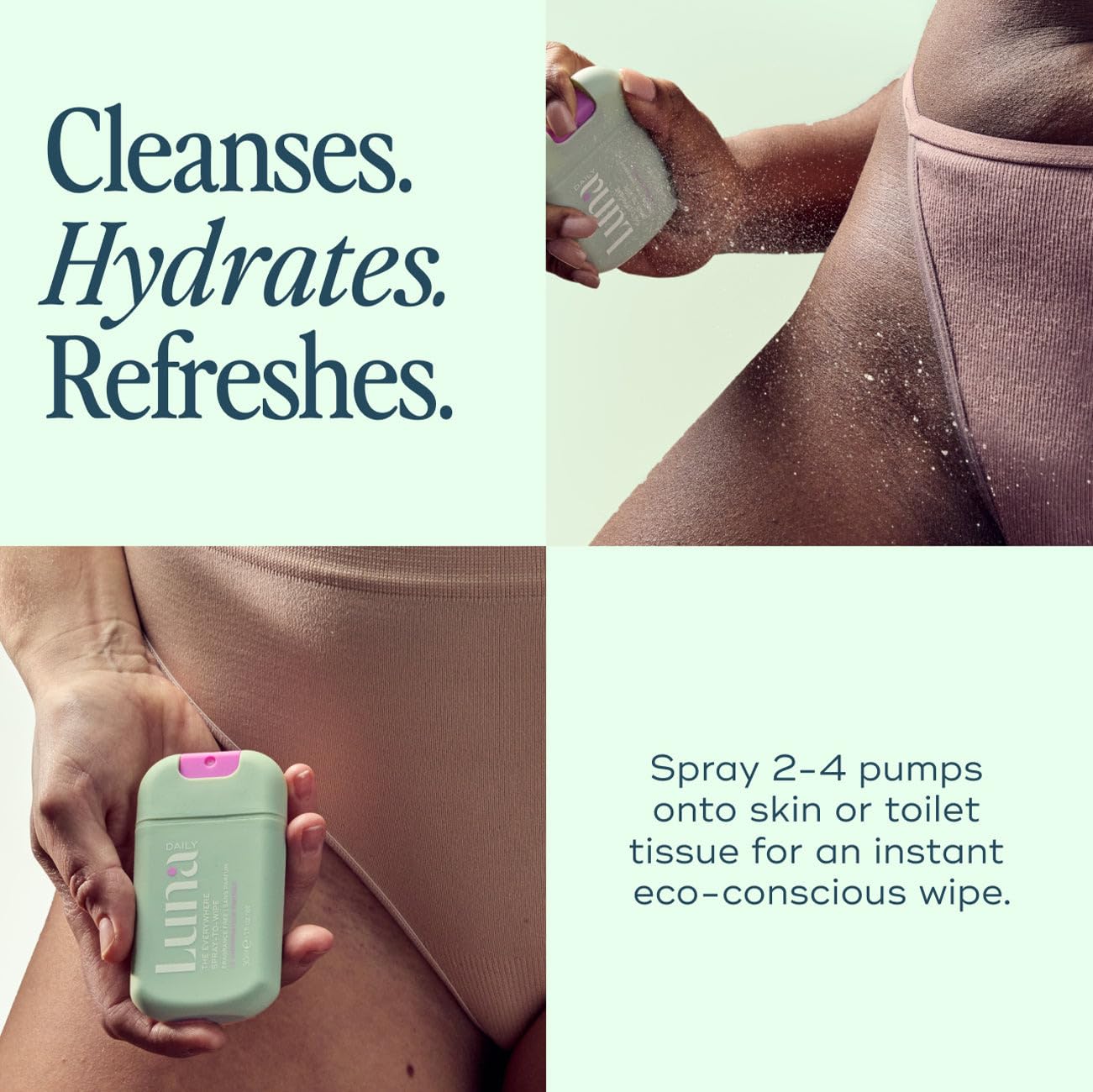 Luna Daily eco-wipe demo; replace disposable wipes with a rinsable spray