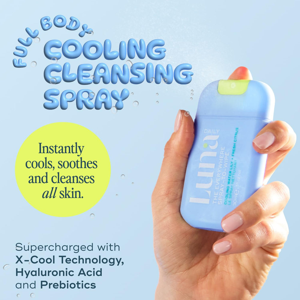 Luna Daily Everywhere Spray-To-Wipe mist in hand for quick on the go care