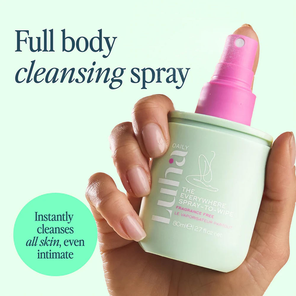Luna Daily Fragrance Free Everywhere Spray-To-Wipe label closeup showing fragrance-free formula.