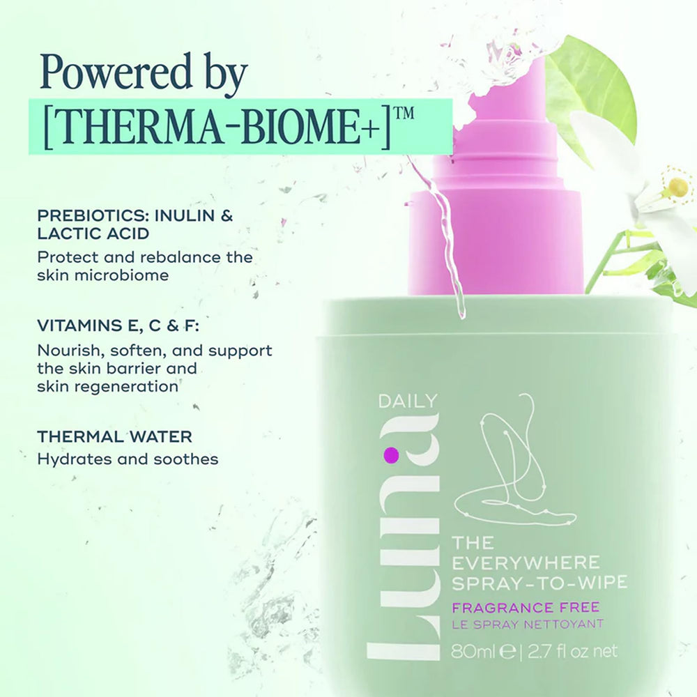 Travel-cap of Luna Daily Fragrance Free Everywhere Spray-To-Wipe ready for on-the-go.